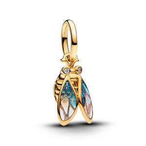 Talisman Pandantiv Cicada Placare Aur Galben 14k CZ Cristal Verde, Rasina UV Albastru si Mov Sclipitor PANDORA
