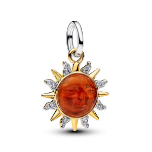 Talisman Soare Argint 925 Placare Aur Galben 14K CZ Sidef, Sticla de Murano PANDORA 
