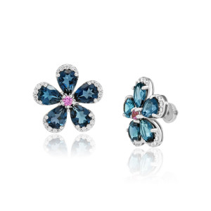 Cercei Floare Aur 18k Diamante, Safire Roz, London Blue Topaz DERUVO