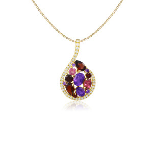 Pandantiv cu Lant Aur 18k Diamante, Ametist,Granat,Turmalina Roz DERUVO 