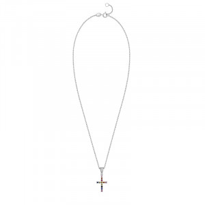 Pandantiv Cruce cu Lant Aur 18k Diamante, Rubin, Safire Multicolore DERUVO