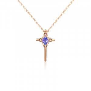Pandantiv Cruce cu Lant Aur 18k Diamante, Tanzanit DERUVO