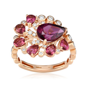 Inel Aur 18k Diamante, Turmaline Roz, Rodolit DERUVO