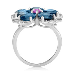 Inel Floare Aur 18k Diamante, Safire Roz, London Blue Topaz DERUVO