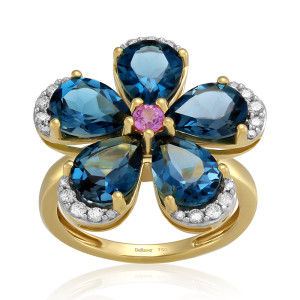 Inel Floare Aur 18k Diamante, Safire Roz, London Blue Topaz DERUVO