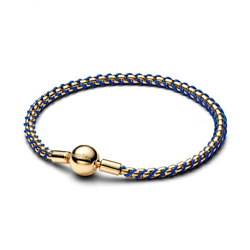 Bratara Impletita Placare Aur Galben 14K Snur Albastru Textil PANDORA