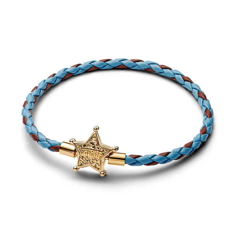 Bratara Disney Toy Story Sheriff Star Placare Aur Galben 14K Piele Albastra si Maro PANDORA