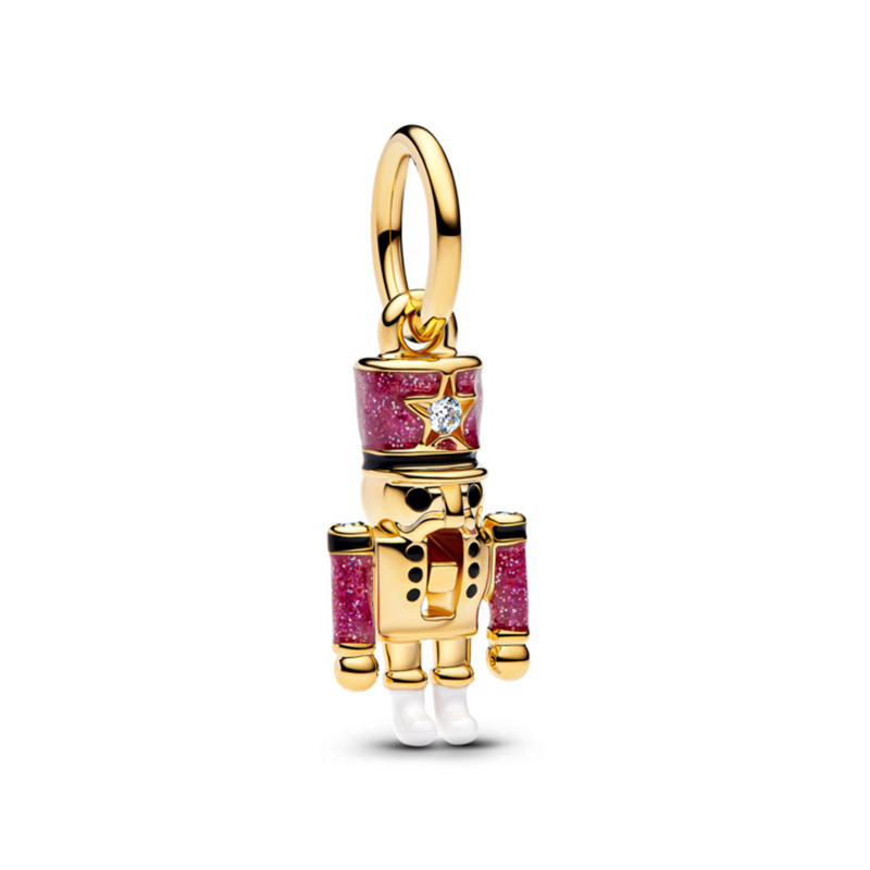 Talisman Spargator de Nuci Placare Aur Galben 14K CZ Email Roz, Negru si Alb  PANDORA