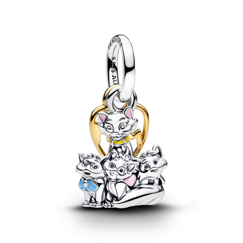 Talisman Pandantiv Disney Pisicile Aristocrate Placare Aur Galben 14k Argint 925 Email Albastru si Roz PANDORA