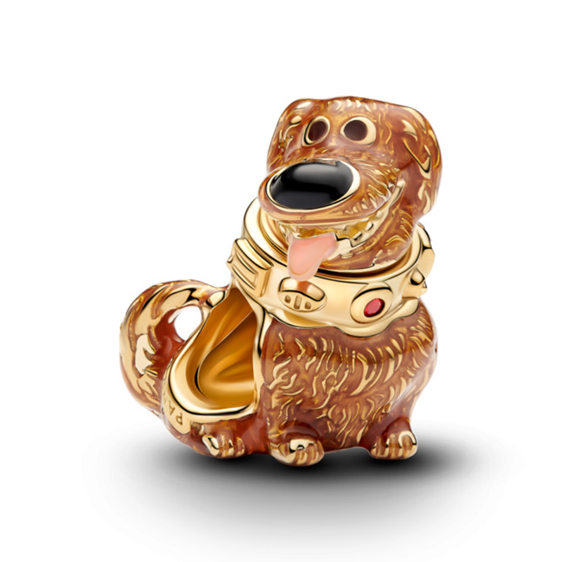 Talisman Disney Dug Placare Aur Galben 14k Cristal Rosu Salsa, Email Negru si Roz PANDORA