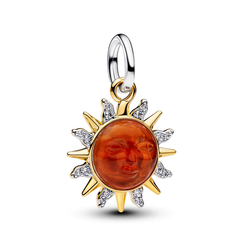 Talisman Soare Argint 925 Placare Aur Galben 14K CZ Sidef, Sticla de Murano PANDORA 