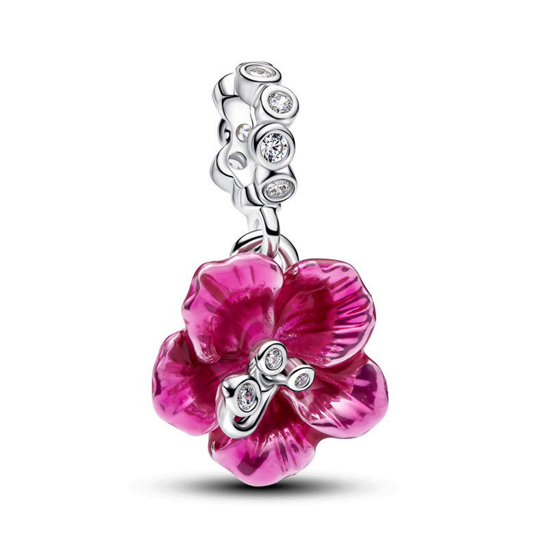 Talisman Hibiscus Argint 925 CZ Email Roz PANDORA