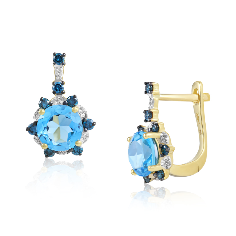 Cercei Aur 18k Diamante, Diamante Albastre, Topaz Albastru DERUVO