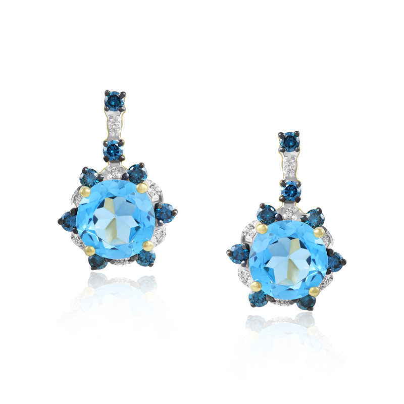 Cercei Aur 18k Diamante, Diamante Albastre, Topaz Albastru DERUVO