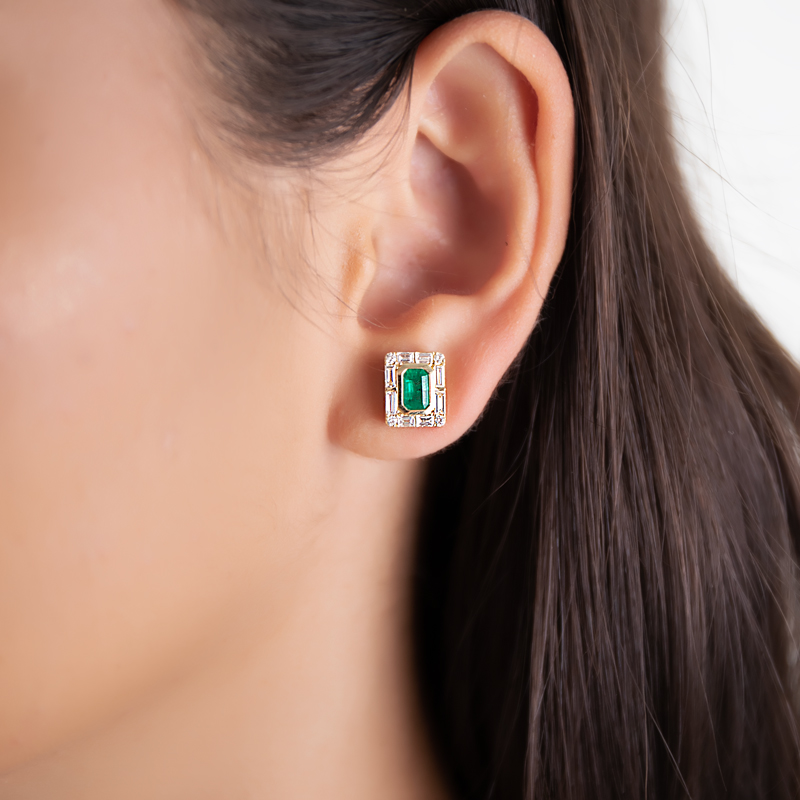 Cercei Aur 18k Diamante, Smaralde DERUVO