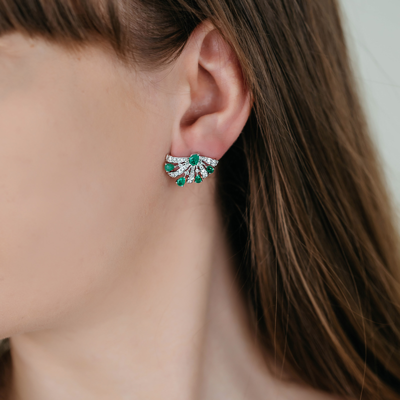 Cercei Aur 18k Diamante, Smaralde DERUVO