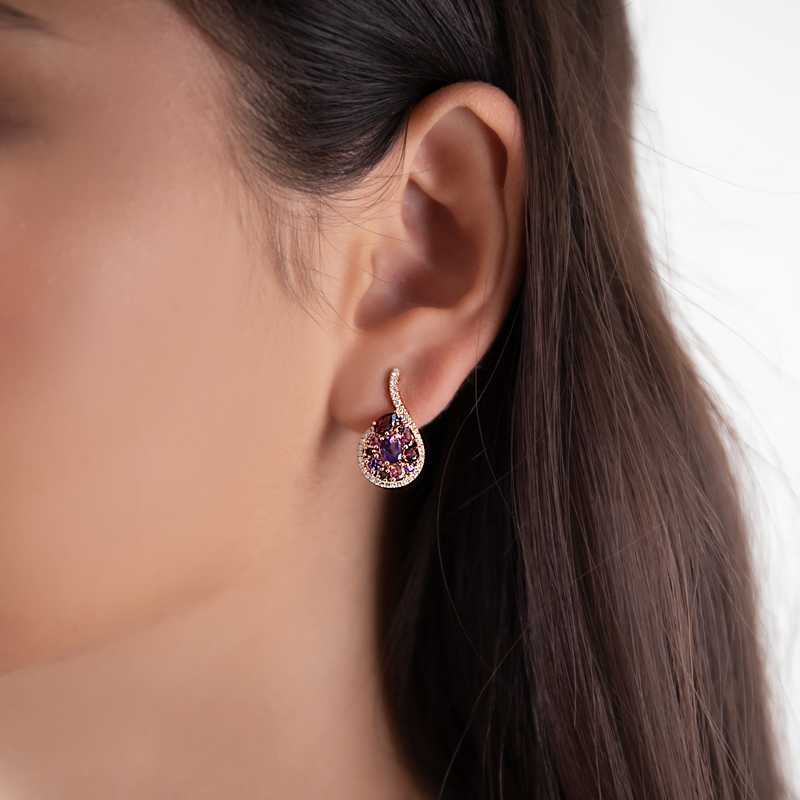 Cercei Aur 18k Diamante, Ametist,Granat,Turmalina Roz DERUVO