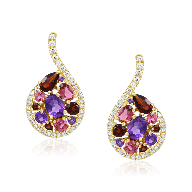 Cercei Aur 18k Diamante, Ametist,Granat,Turmalina Roz DERUVO