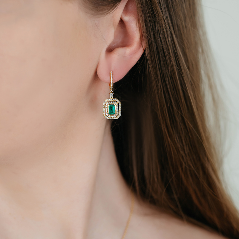 Cercei Aur 18k Diamante, Smaralde DERUVO