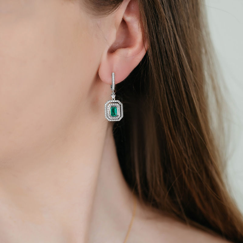Cercei Aur 18k Diamante, Smaralde DERUVO