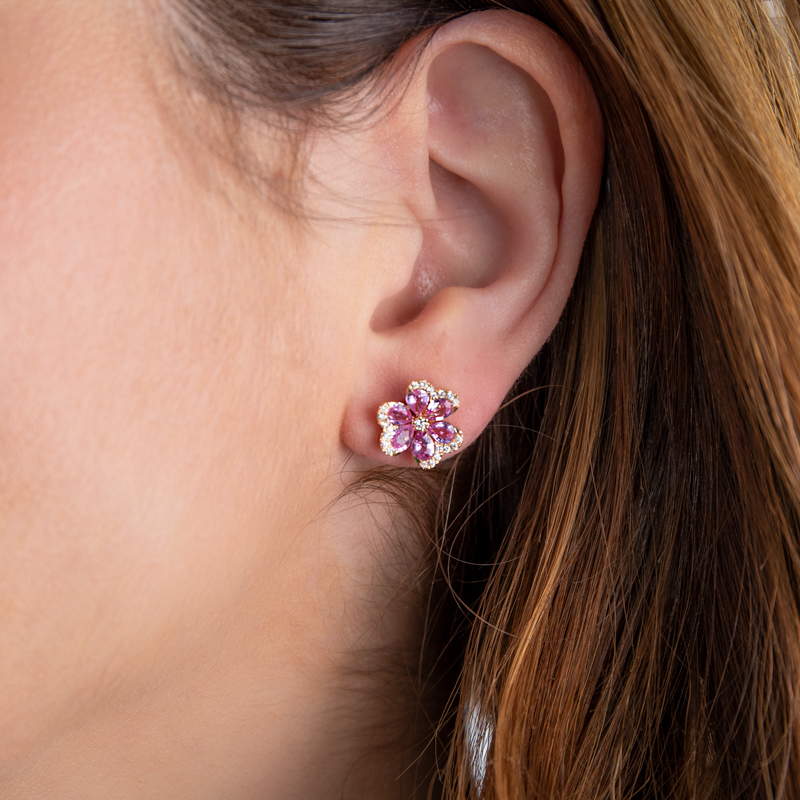 Cercei Aur 18k Diamante, Safire Roz DERUVO