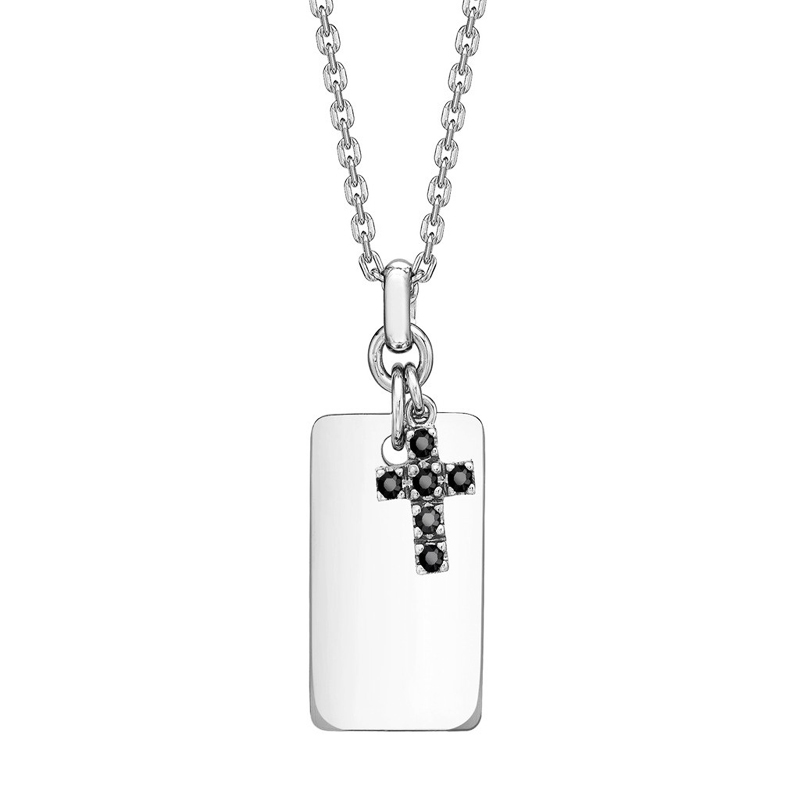 Pandantiv Placuta, Cruce cu Lant Argint 925 Safire Negre LEO MARCUS