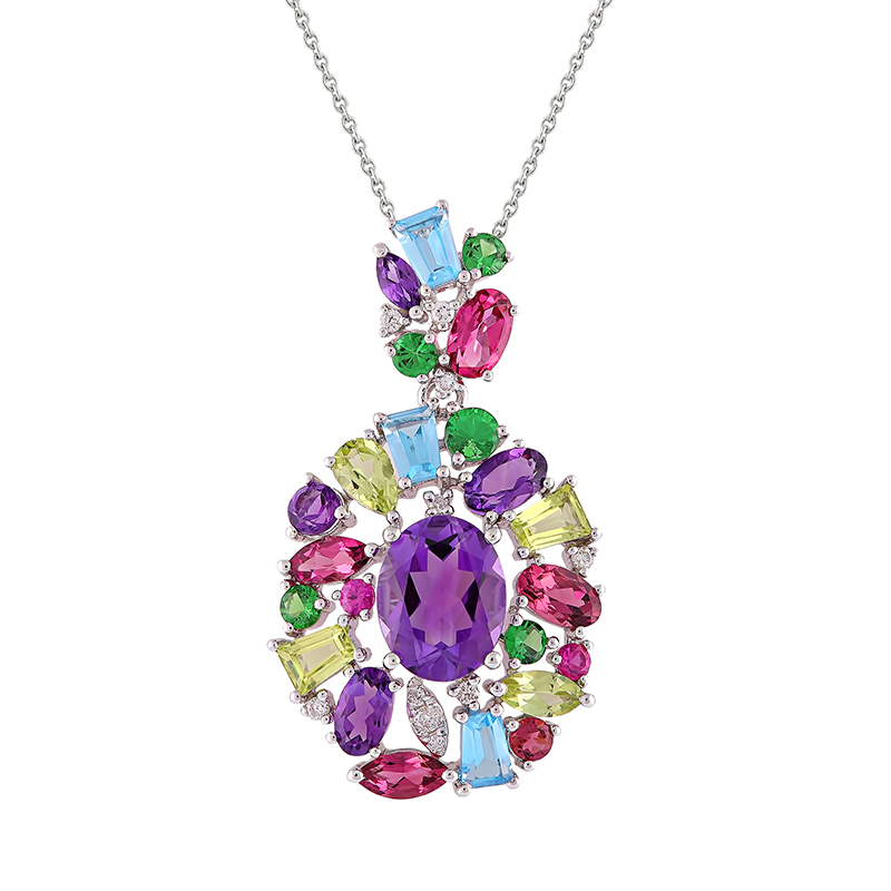 Pandantiv cu Lant Aur 18k Diamante,Ametiste,Topaz, Pietre Multicolore DERUVO