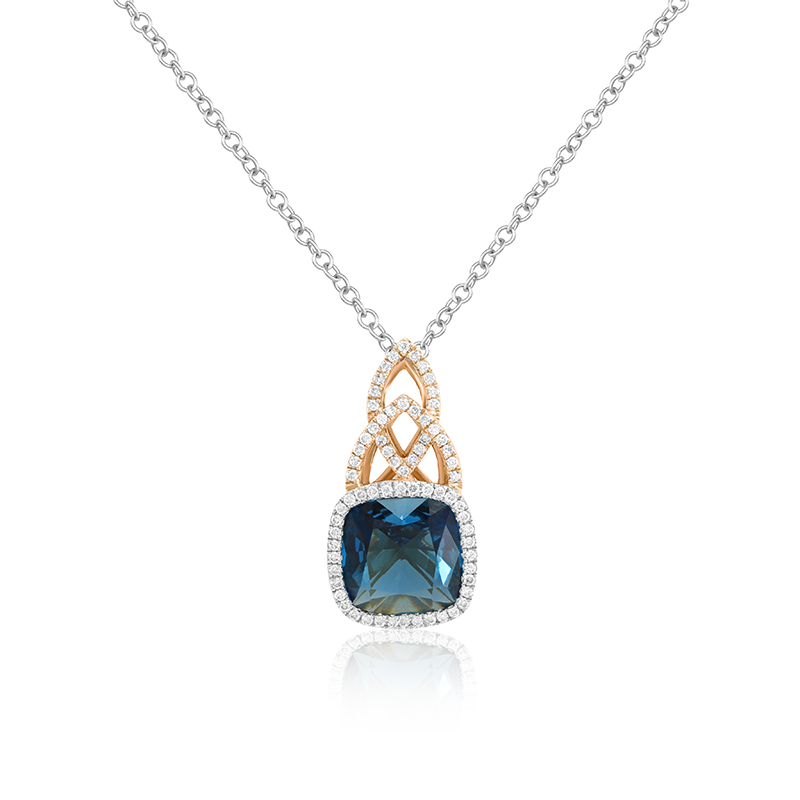 Pandantiv cu Lant Aur 18k Diamante, London Blue Topaz DERUVO