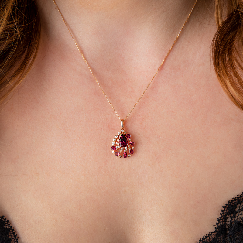 Pandantiv cu Lant Aur 18k Diamante, Rodolite si Turmaline Roz DERUVO