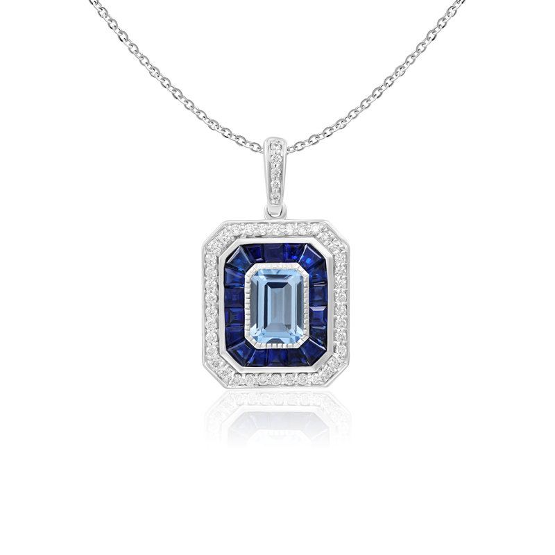 Pandantiv cu Lant Aur 18k Diamante, Aquamarin,Safire DERUVO