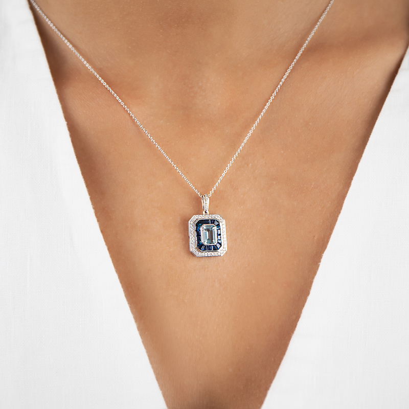 Pandantiv cu Lant Aur 18k Diamante, Aquamarin,Safire DERUVO
