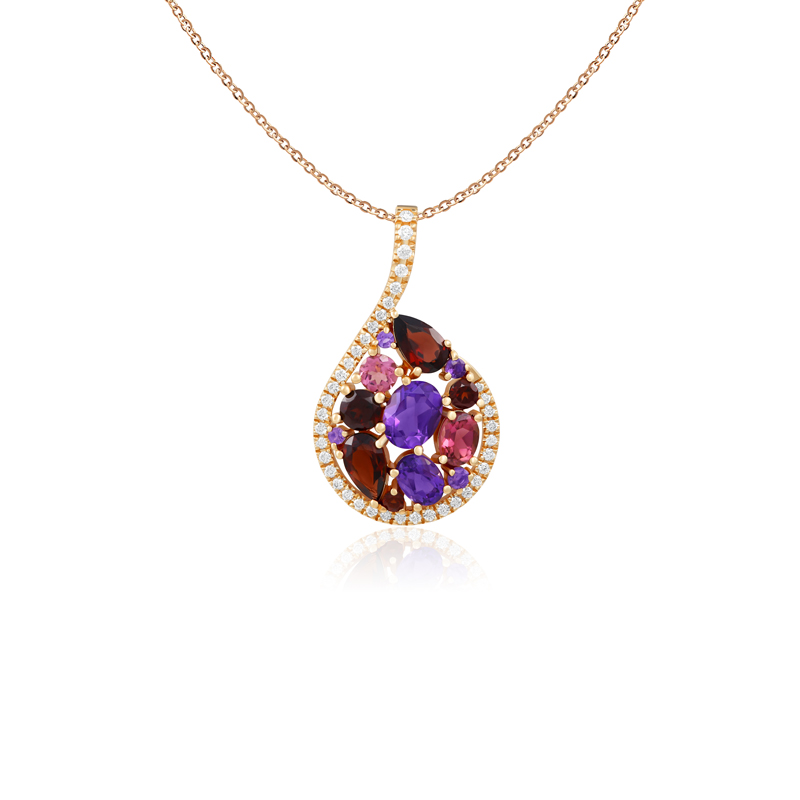 Pandantiv cu Lant Aur 18k Diamante, Ametist,Granat,Turmalina Roz DERUVO 