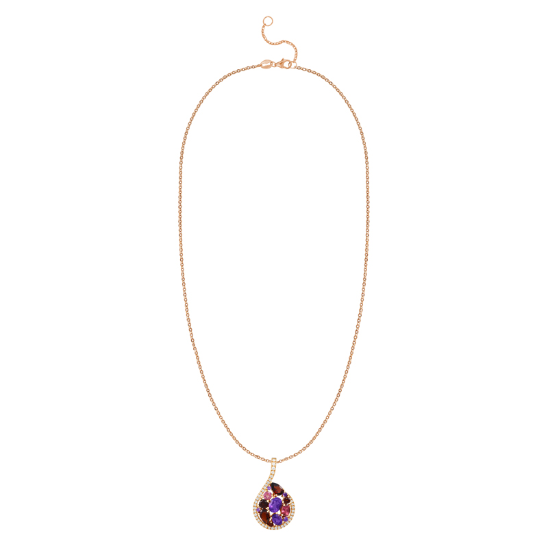 Pandantiv cu Lant Aur 18k Diamante, Ametist,Granat,Turmalina Roz DERUVO 