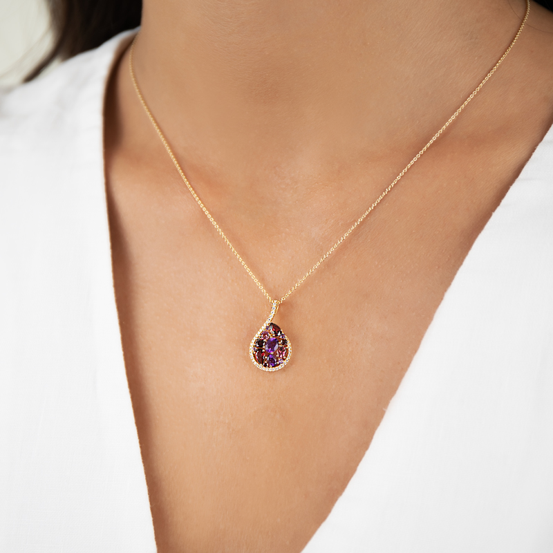 Pandantiv cu Lant Aur 18k Diamante, Ametist,Granat,Turmalina Roz DERUVO 