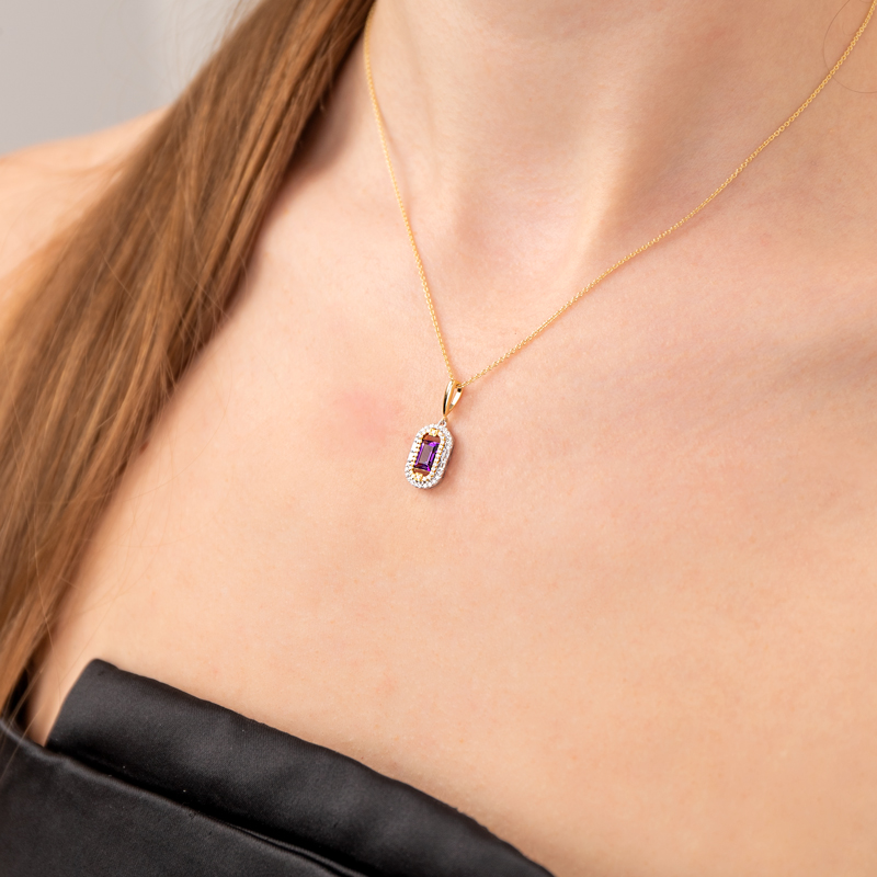 Pandantiv cu Lant Aur 18k Diamante, Ametist DERUVO