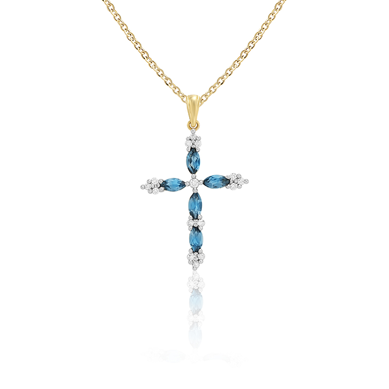 Pandantiv Cruce cu Lant  Aur 18k Diamante, London Blue Topaz DERUVO