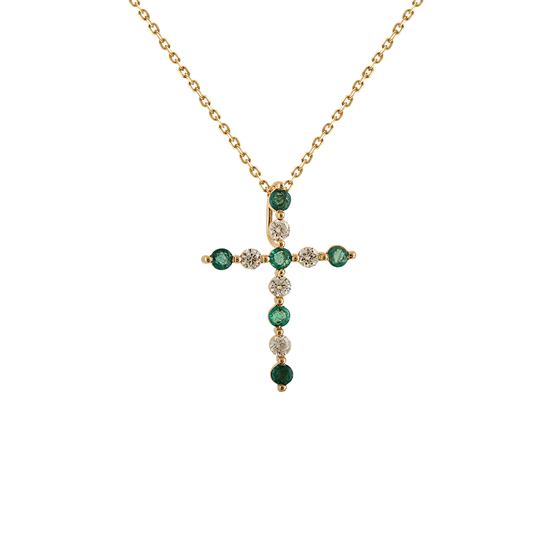 Pandantiv Cruce cu Lant Aur 18k Diamante, Smaralde DERUVO