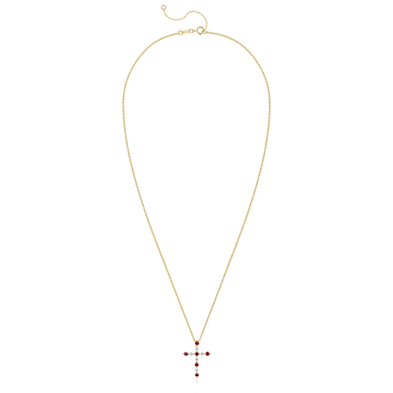 Pandantiv Cruce cu Lant Aur 18k Diamante, Rubine DERUVO