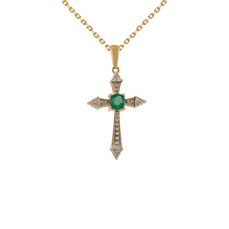 Pandantiv Cruce cu Lant Aur 18k Diamante, Smarald DERUVO