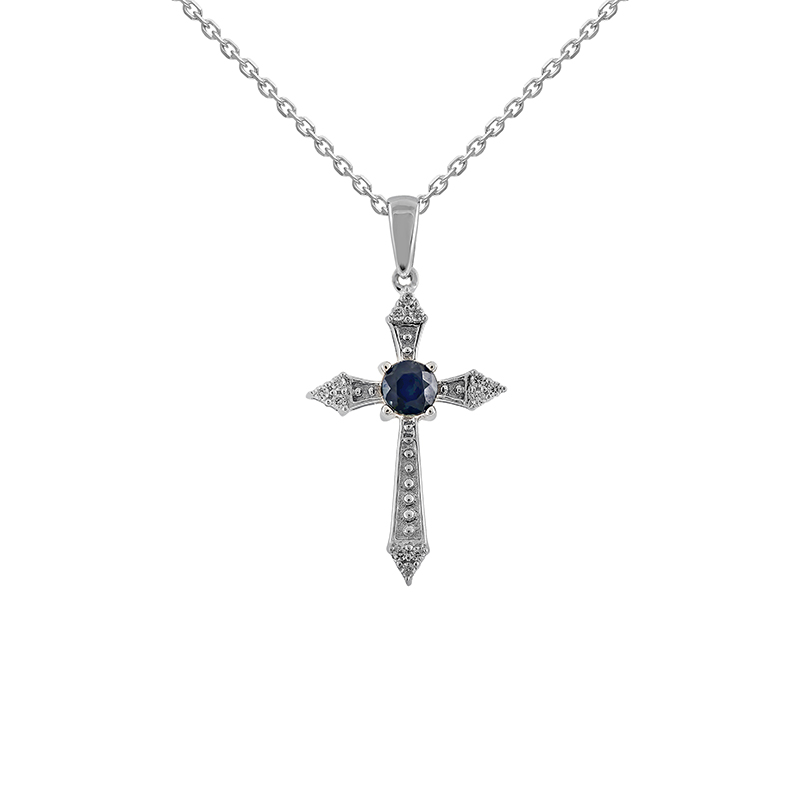 Pandantiv Cruce cu Lant Aur 18k Diamante, Safir DERUVO