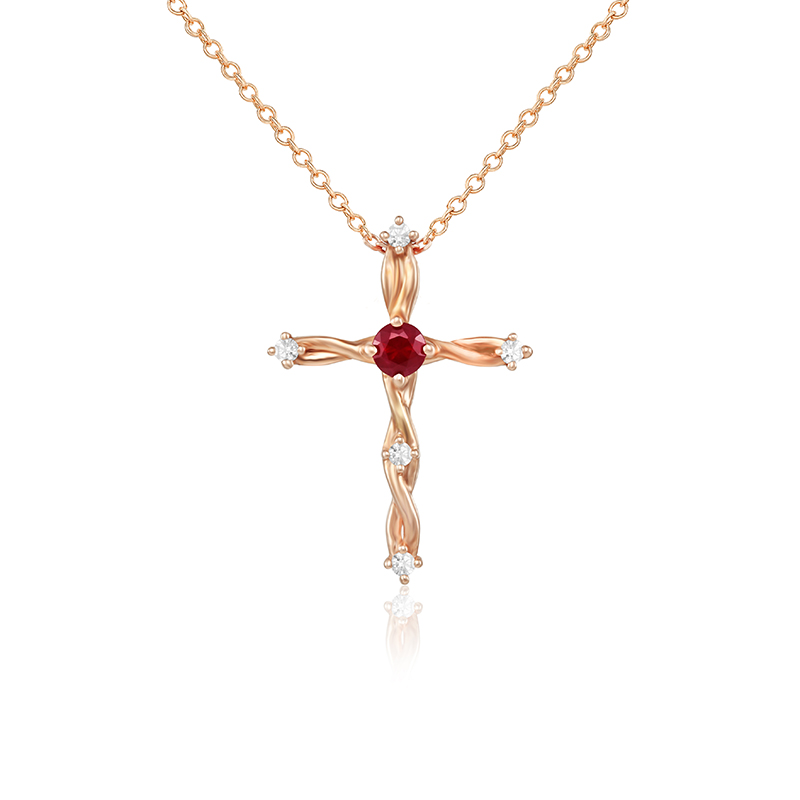 Pandantiv Cruce cu Lant Aur 18k Diamante, Rubin DERUVO