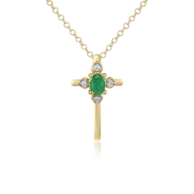 Pandantiv Cruce cu Lant Aur 18k Diamante, Smarald DERUVO