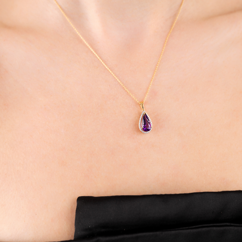 Pandantiv cu Lant Aur 18k Diamante, Ametist DERUVO