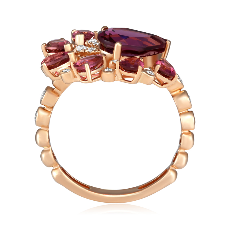Inel Aur 18k Diamante, Turmaline Roz, Rodolit DERUVO