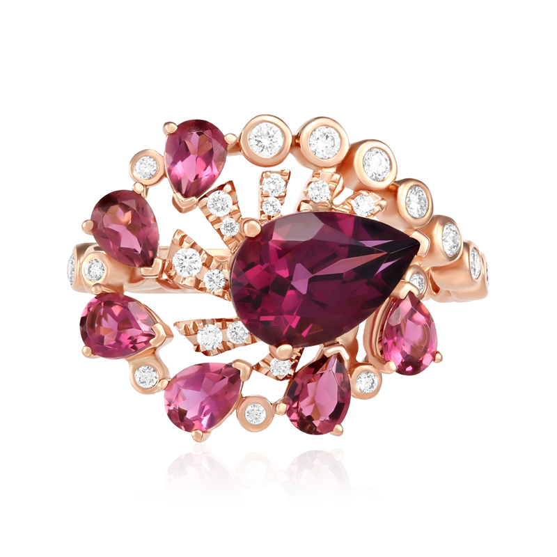 Inel Aur 18k Diamante, Turmaline Roz, Rodolit DERUVO