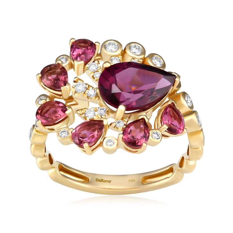 Inel Aur 18k Diamante, Turmaline Roz, Rodolit DERUVO