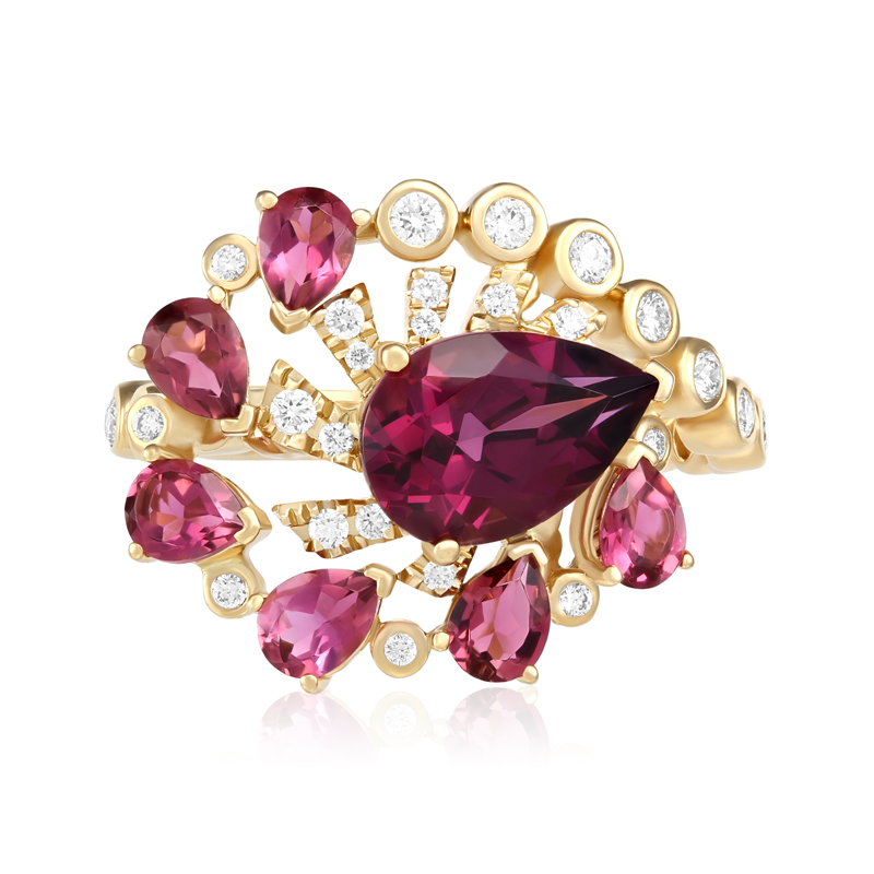 Inel Aur 18k Diamante, Turmaline Roz, Rodolit DERUVO