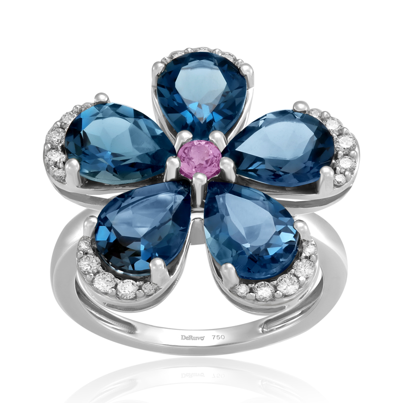 Inel Floare Aur 18k Diamante, Safire Roz, London Blue Topaz DERUVO