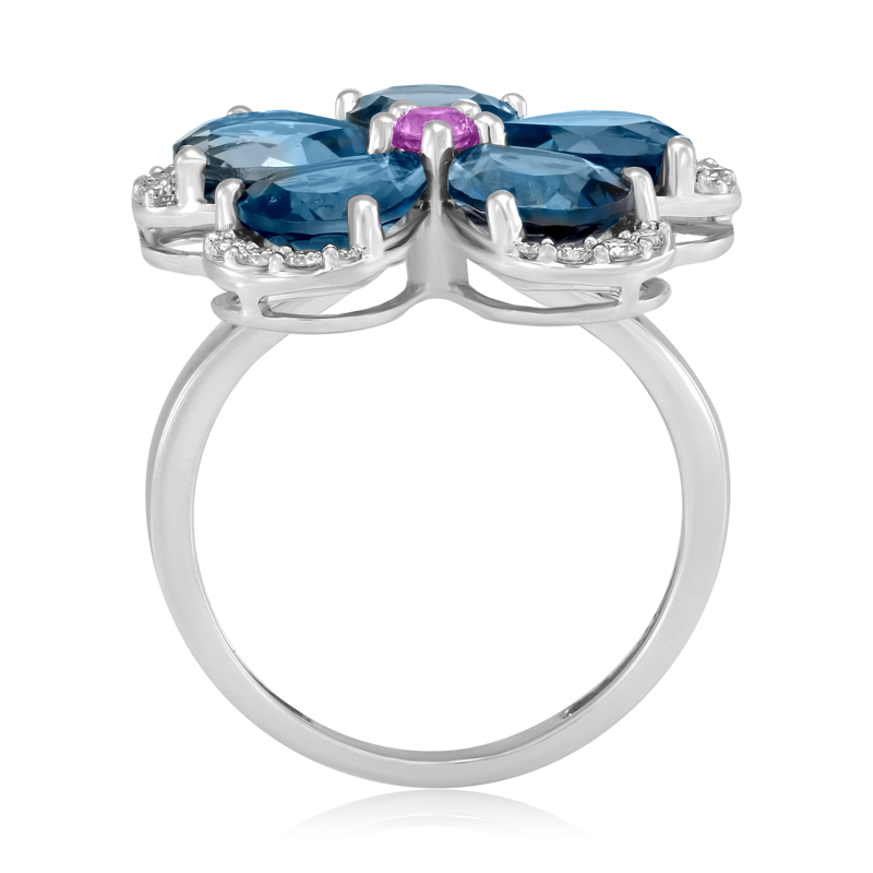 Inel Floare Aur 18k Diamante, Safire Roz, London Blue Topaz DERUVO