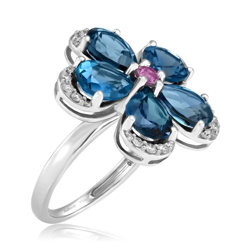 Inel Floare Aur 18k Diamante, Safire Roz, London Blue Topaz DERUVO